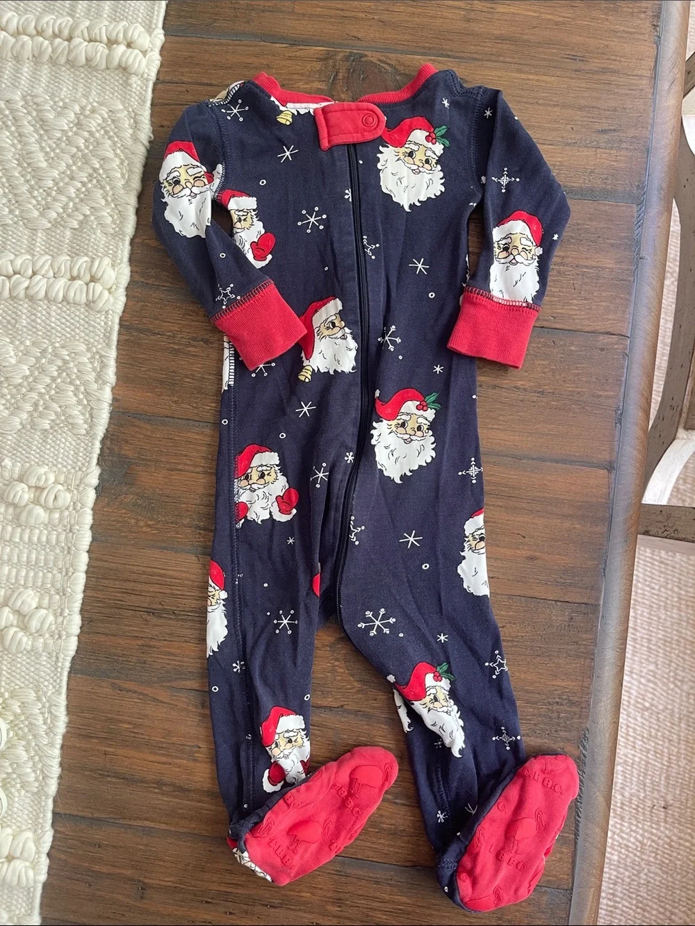 The Beaufort Bonnet Company Navy Santa Print Footed One-Piece with Red Trim